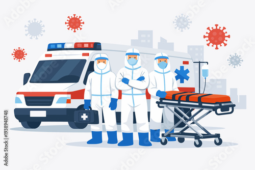 Emergency Ambulance and Medical Staff in Full Protective PPE Suits During Coronavirus COVID-19 Outbreak Crisis Concept with Doctors, Stretcher, and Virus Cells in City Background Vector Illustration