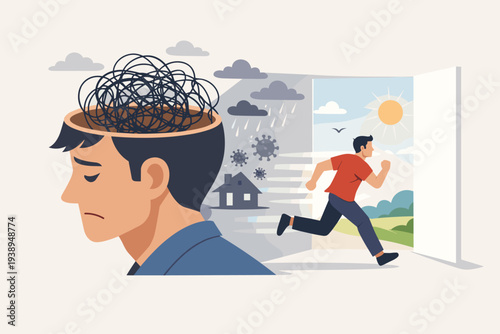 Man Escaping Depressed Mind and Anxiety Impacted by COVID-19 Pandemic, Running from Dark Rainy Room with Virus Symbols towards Bright Sunny Landscape, Mental Health Recovery and Hope Illustration