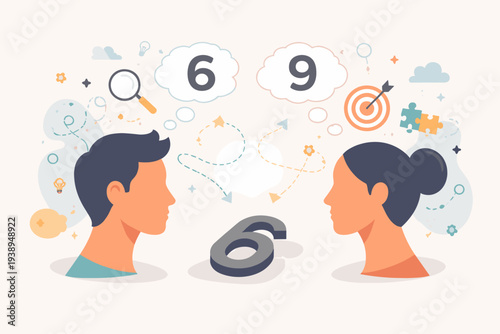 Perspective and Perception Concept Vector Illustration with Man and Woman Interpreting Number Six or Nine Based on Point of View, Representing Subjective Truth, Empathy, and Communication.