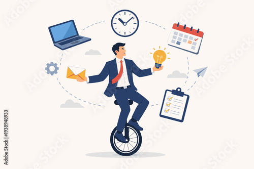 Businessman Riding Unicycle and Juggling Work Tasks Like Laptop, Clock, Calendar, and Lightbulb for Productivity, Multitasking, Time Management, Project Management, and Efficiency Concept Vector