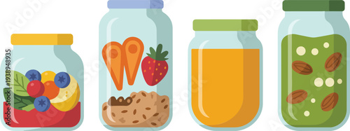Minimalist line art vector illustration of healthy mason jar breakfasts featuring fruit oats yogurt and fresh green smoothie.