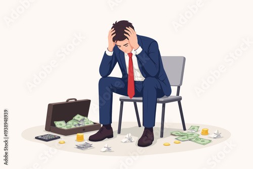 Stressed Businessman in Suit Sitting on Chair with Head in Hands Feeling Regret and Frustration After Losing Money in Business Mistake, Bankruptcy, Financial Crisis, and Economic Failure Concept
