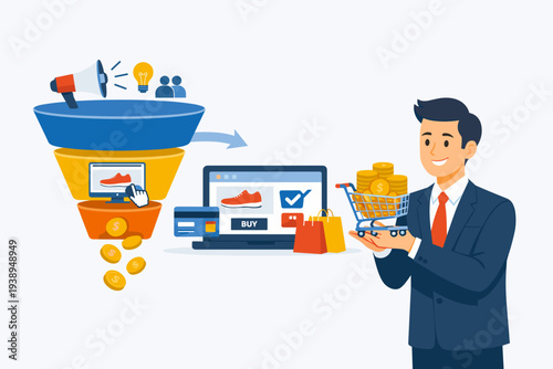 Sales Funnel and Online Marketing Conversion Concept with Businessman Holding Shopping Cart Full of Coins, Customer Journey from Awareness to Purchase on E-commerce Website Vector Illustration