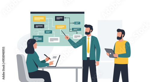 Team Discussing Project with Whiteboard Presentation.