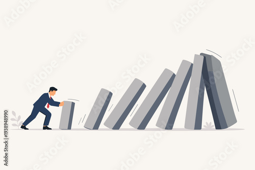 Businessman pushing a small block to trigger a chain reaction of falling larger blocks, representing the power of tiny habits, momentum, and strategic growth for business success and efficiency.
