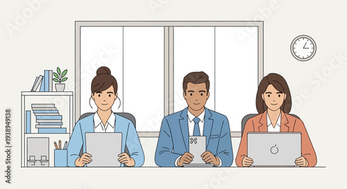 Three office workers using laptops together.