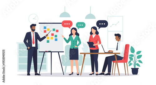 Business team discussing project with presentation.