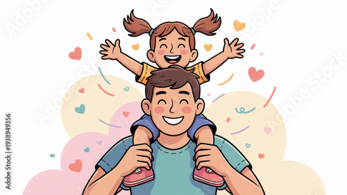 Happy father carrying little girl on shoulders with hearts and confetti