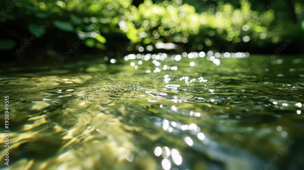 Fototapeta premium Gentle Water Surface With Soft Green Foliage Reflections In Natural Sunlight Showcasing Serene Nature