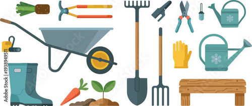 Minimalist line art vector of gardening tools including wheelbarrow shovel rake watering can boots and garden shears set.