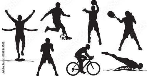 Set of diverse black vector silhouettes of athletes playing various sports isolated PNG with Transparent Background