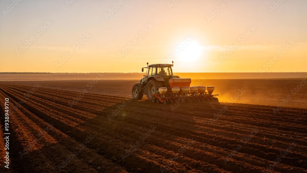 Fototapeta premium Tractor sowing seeds in a vast field at sunset, symbolizing grain supply chain restoration and industrial growth.