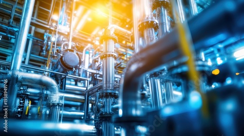 Intricate Industrial Chemical Processing Plant with Bright Illumination and Complex Machinery