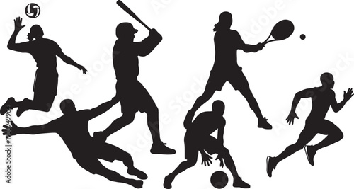 Set of Black Sport Athlete Silhouettes: Volleyball, Baseball, Tennis, Soccer, Running Vector isolated PNG with Transparent Background