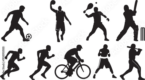 Set of Sport Players Silhouettes Vector. Collection of Various Athlete Black Icons. isolated PNG with Transparent Background