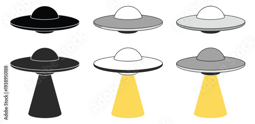 UFO flying saucer and beam clipart set, featuring outline, silhouette, and color illustrations for sci-fi, alien, and space-themed design projects.