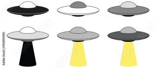 UFO flying saucer and beam clipart set, showcasing outline, silhouette, and colorful spacecraft illustrations, perfect for extraterrestrial, sci-fi, and cosmic vector graphics.