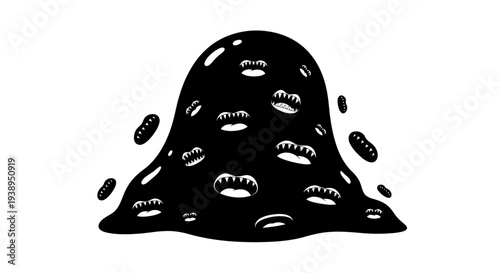 Abstract Black Blob with Mouths and Eyes, Surreal Organic Shape, Mysterious Creature