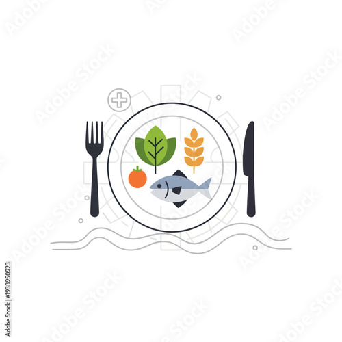 Balanced diet concept on plate with cutlery and medical cross