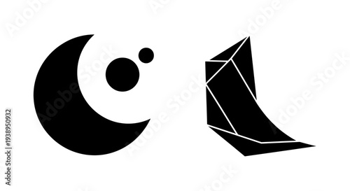 Abstract Black Crescent Moon and Geometric Shape Icon Set