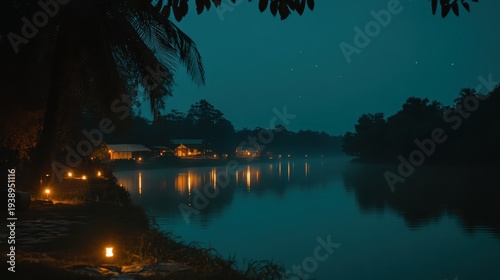 Serene nighttime river landscape with illuminated buildings and tranquil reflections under a starry sky
