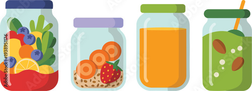 Minimalist line art vector illustration of healthy mason jar breakfasts featuring fruit oats yogurt and fresh green smoothie.
