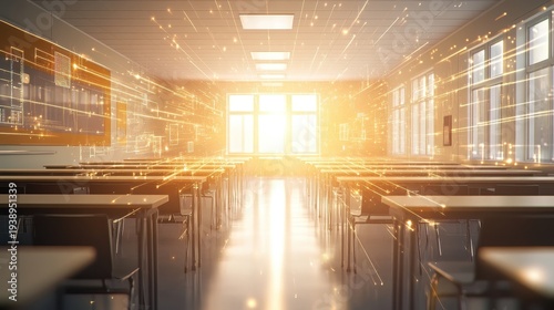 Modern digital classroom illuminated by bright sunlight, showcasing the integration of technology for advanced learning and connectivity
