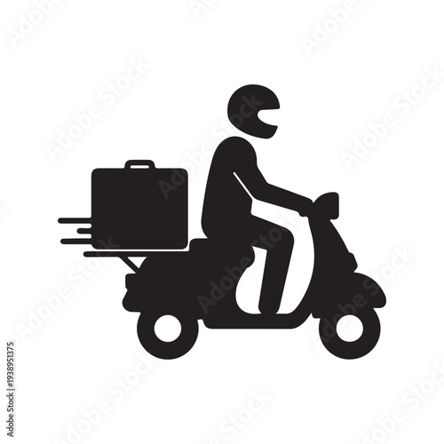 Black silhouette of a person riding a scooter with a briefcase on the back  fast delivery concept