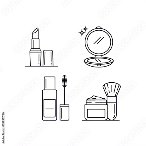 Minimalist line art icons display essential makeup and beauty products