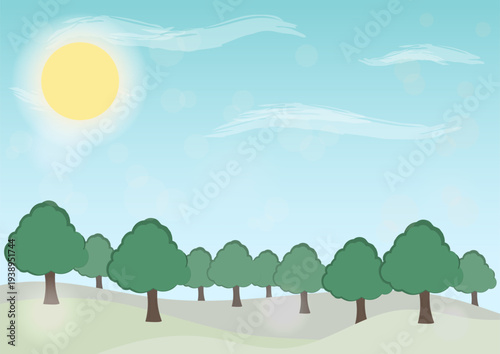 Natural Scenery Of Forest Trees On A Hill With Clear Blue Sky And Sun In Spring