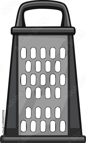 Black outline icon of a box grater standing upright with multiple grating surfaces visible