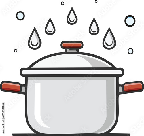 Clean line icon of a cooking pot with lid, boiling water with bubbles and steam coming out