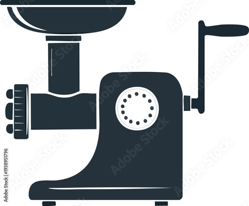 Minimalist black meat grinder icon (manual style) with crank handle and tray on top, kitchen