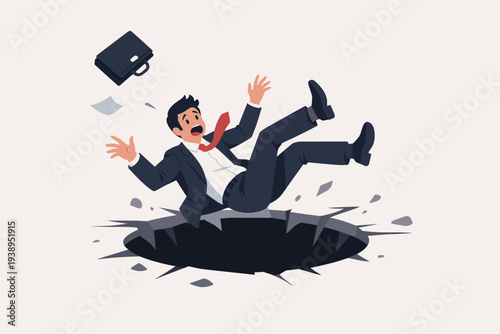 Businessman in suit falling into a deep dark hole or pitfall symbolizing business failure, financial crisis, economic recession, bankruptcy risk, and professional mistake causing catastrophe.