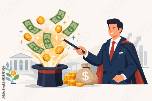 Businessman Magician Making Money Fly Out of a Top Hat with Magic Wand, Financial Success, Wealth Creation, Investment Profit, Central Bank Stimulation, Economic Growth, Get Rich Quick Concept