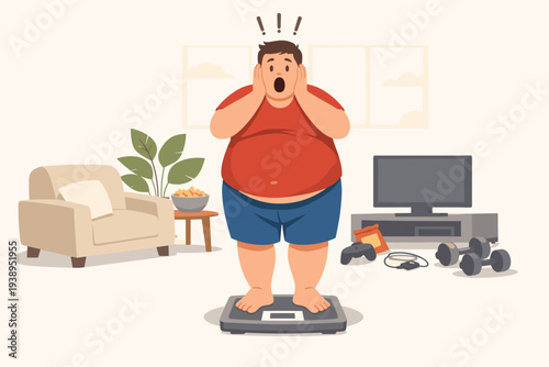 Surprised Fat Man Standing on Weight Scale in Living Room with Junk Food and Dumbbells, Illustration of Weight Gain, Obesity, and Sedentary Lifestyle During Quarantine and Self-Isolation.