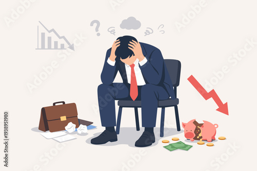 Stressed Businessman Feeling Depressed After Financial Loss and Business Failure, Broken Piggy Bank with Money, Declining Stock Market Graph, Economic Crisis, Bankruptcy and Regret Concept