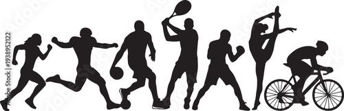 Collection of Black Sport Silhouettes with Athletes Playing Various Sports isolated PNG with Transparent Background
