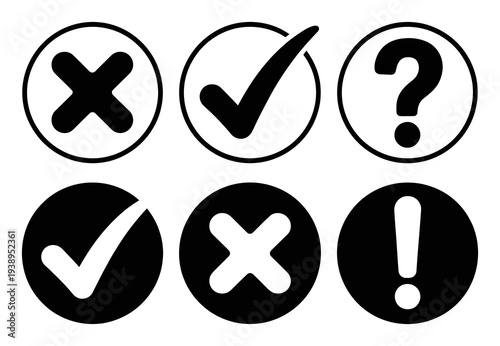 Set of Check Mark, Cross, Exclamation Vector Icons