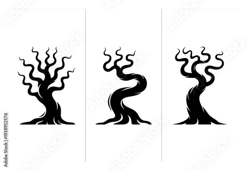 Twisted Tree Silhouettes Vector Illustration Set