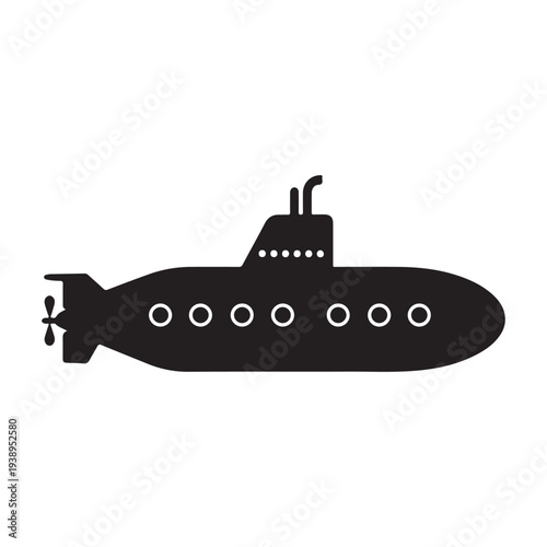 Black silhouette of a submarine with propeller and conning tower on white background  naval vessel  underwater boat