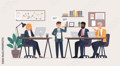 Four Business Professionals Working Together Office.