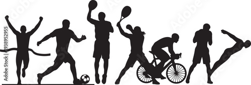 Collection of Black Vector Silhouettes of Athletes Playing Various Sports isolated PNG with Transparent Background