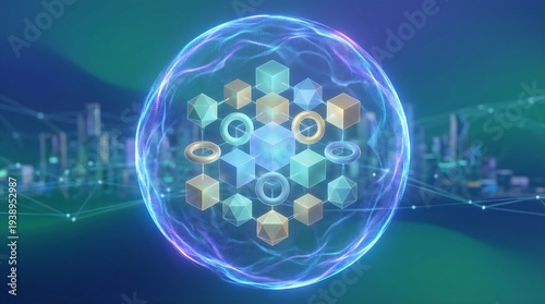 Glowing blue and purple orb with gold and teal geometric shapes on a dark background with cityscape lights.