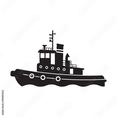 Black silhouette of a tugboat floating on water with a cabin and smokestack  maritime vessel  boat  ship  nautical vehicle