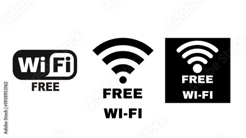 Free Wi‑Fi Icon Set With Three Black Wireless Signal Logos for Public Internet Access