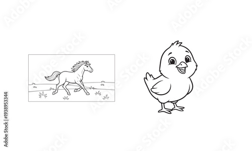 A cartoon chicken and a horse in a drawing