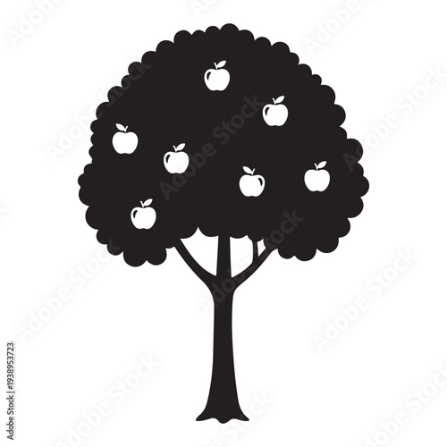 Black silhouette of tree with apples on white background for graphic design  tree with apples  black tree  silhouette of tree