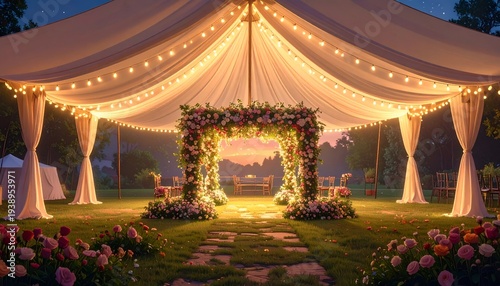 Outdoor event space decorated with floral arch and string lights