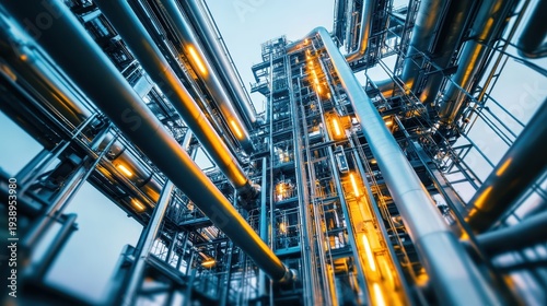 Towering industrial power plant infrastructure with glowing pipes and intricate structures against a clear sky